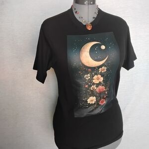S Black Tee with Floral Crescent Design